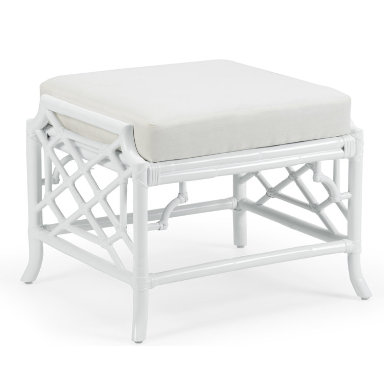 White Coastal Upholstered Rattan Ottoman Stool