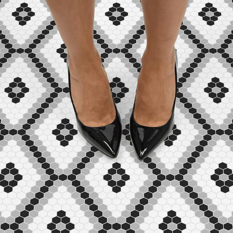 Black and White Hexagon Peel and Stick Vinyl Floor Tiles