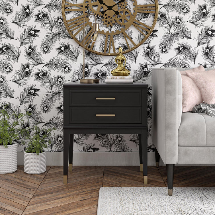 Black Wood End Table with Faux-Dual Drawer Storage