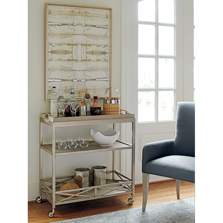 Beige Metal and Wood Bar Cart with Storage