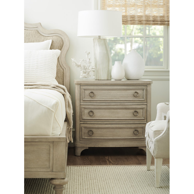 Malibu Hickory Veneer 3-Drawer Nightstand with Silvery Gray Handles