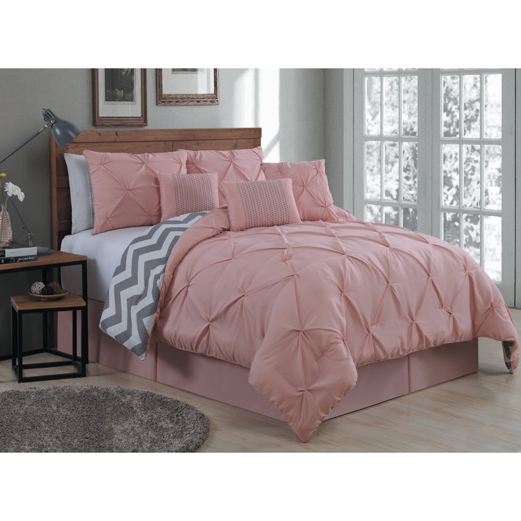 Blush Queen Microfiber Reversible Comforter Set with Pin Tuck Design