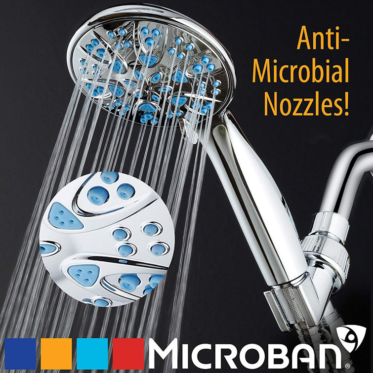 Chrome Handheld Shower Head with Blue Nozzles and 6 Settings