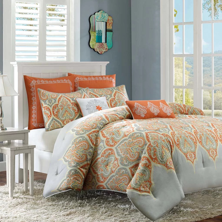 King White and Orange Cotton Comforter Set with Shams