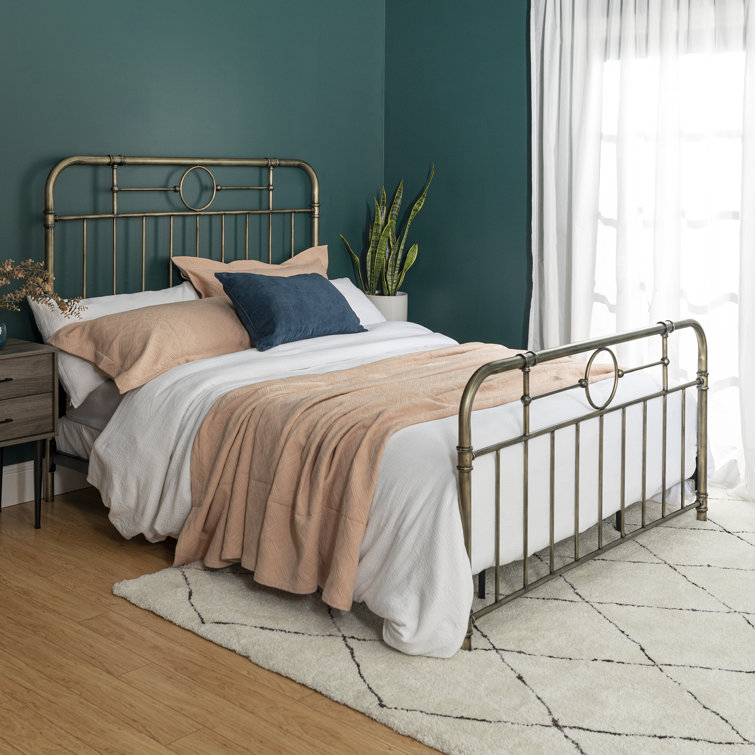 Bronze Queen Metal Frame Bed with Upholstered Headboard