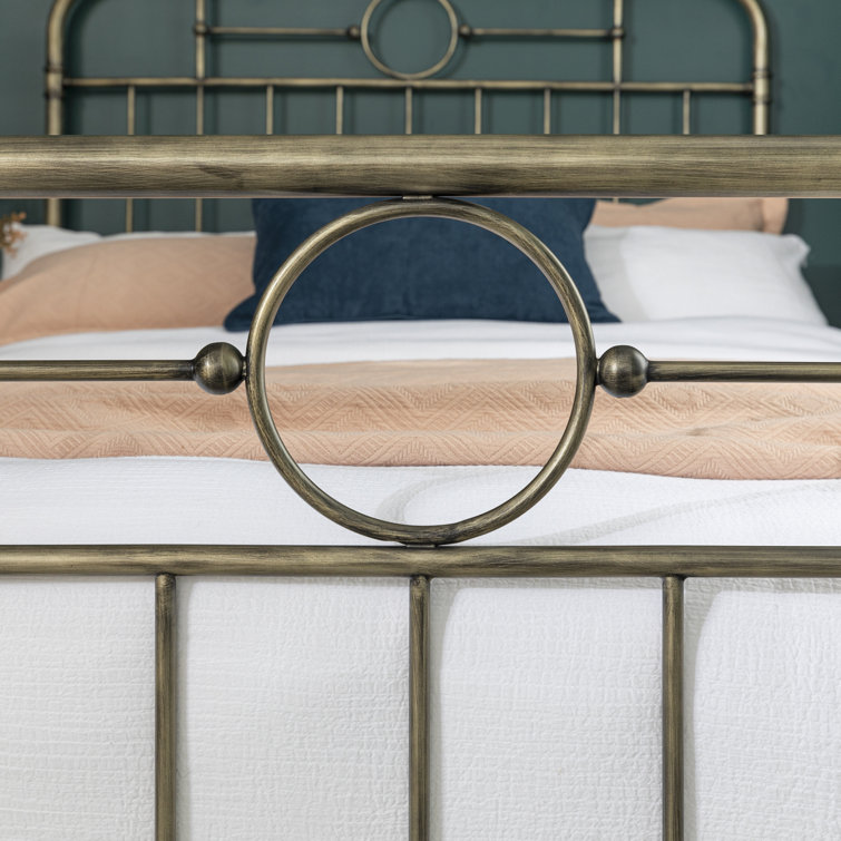 Bronze Queen Metal Frame Bed with Upholstered Headboard