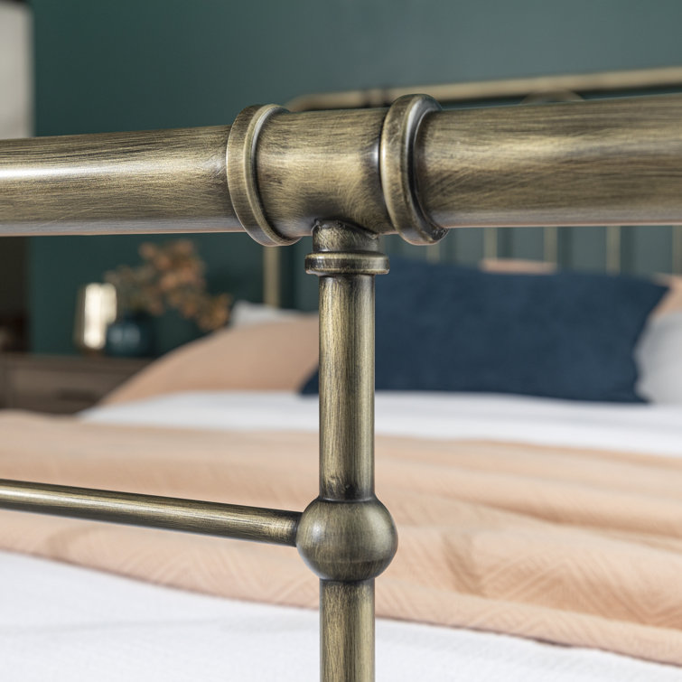 Bronze Queen Metal Frame Bed with Upholstered Headboard
