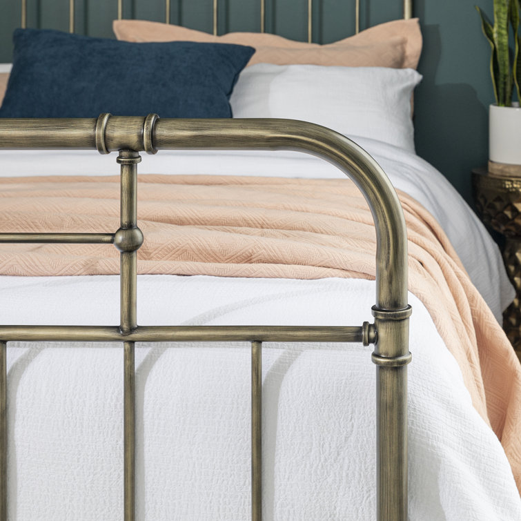 Bronze Queen Metal Frame Bed with Upholstered Headboard