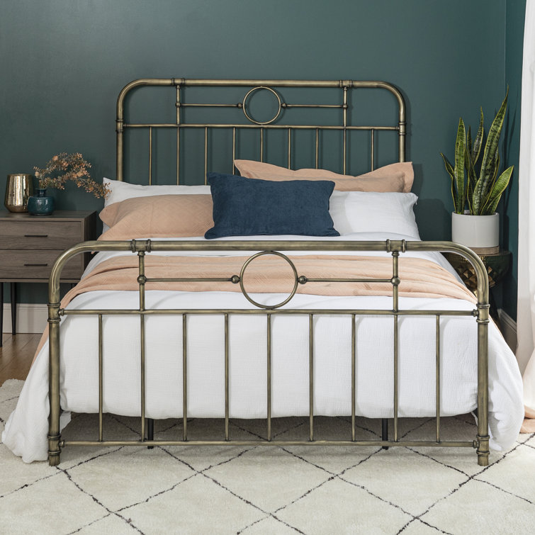 Bronze Queen Metal Frame Bed with Upholstered Headboard