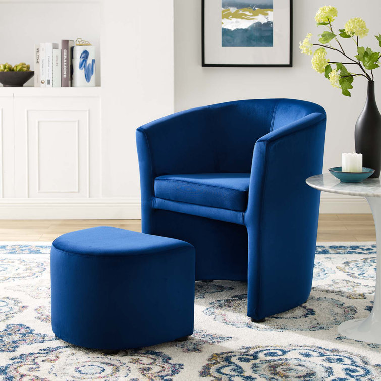Navy Velvet Accent Chair with Tuck-Away Ottoman
