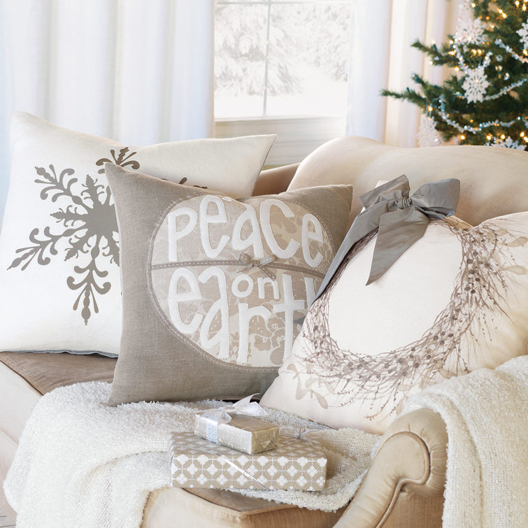 Holiday Beige and Gray Embroidered Square Pillow Cover with Bow