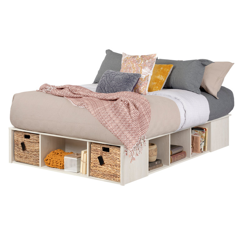 Full Winter Oak Upholstered Storage Bed with Rattan Baskets