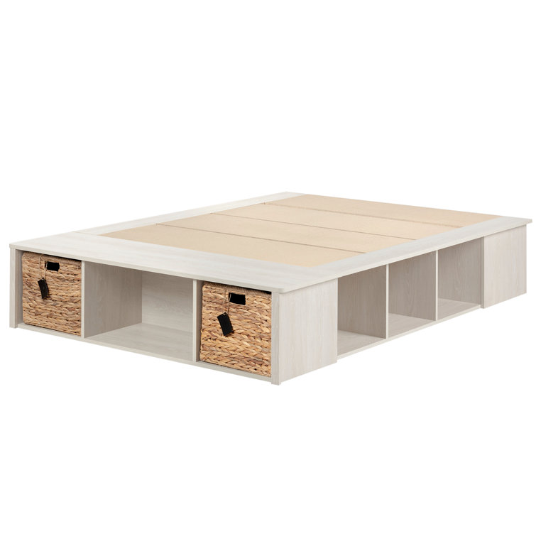 Full Winter Oak Upholstered Storage Bed with Rattan Baskets