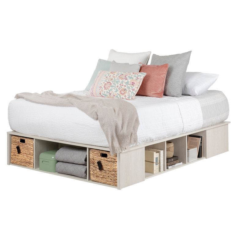 Winter Oak Queen Storage Platform Bed with Wicker Baskets
