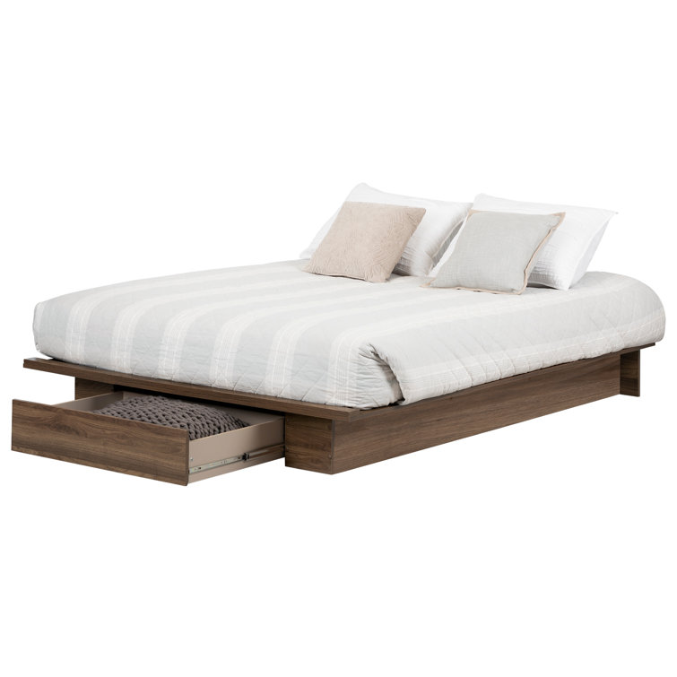 Natural Walnut Queen Platform Bed with Storage Drawer