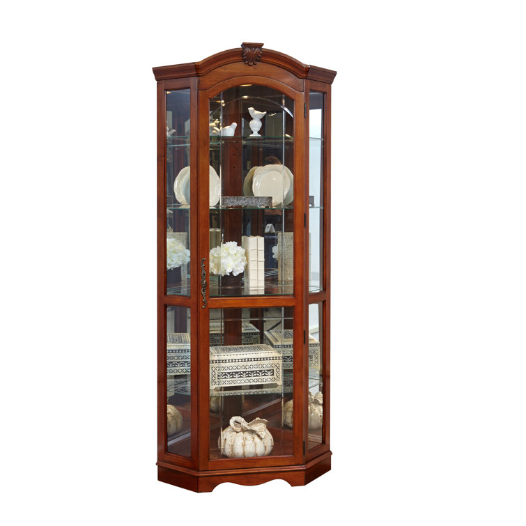 Warm Cherry Brown Lighted Corner Curio Cabinet with Glass Shelves