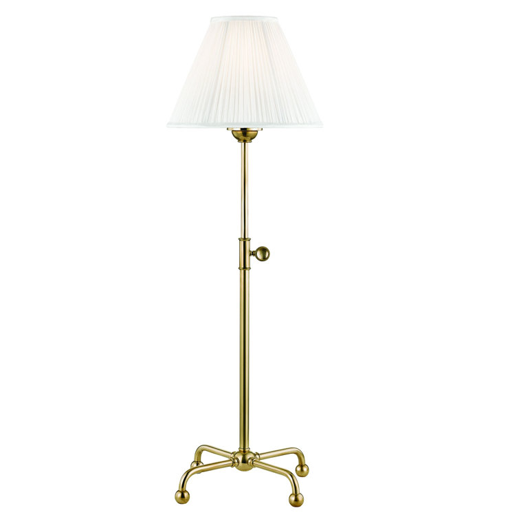 Aged Brass Adjustable Arc Table Lamp with Silk Shade