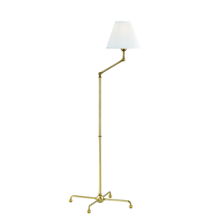 Adjustable Aged Brass Arc Floor Lamp with Off-White Silk Shade