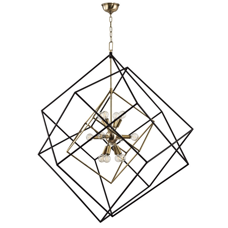 Elegant Aged Brass 12-Light Geometric Chandelier with Crystal Accents