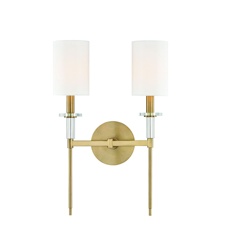 Aged Brass Dual Light Cylinder Sconce with Faux Silk Shades