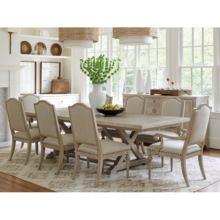 Contemporary Linen Beige Upholstered Side Chair with Smoked Nickel Details