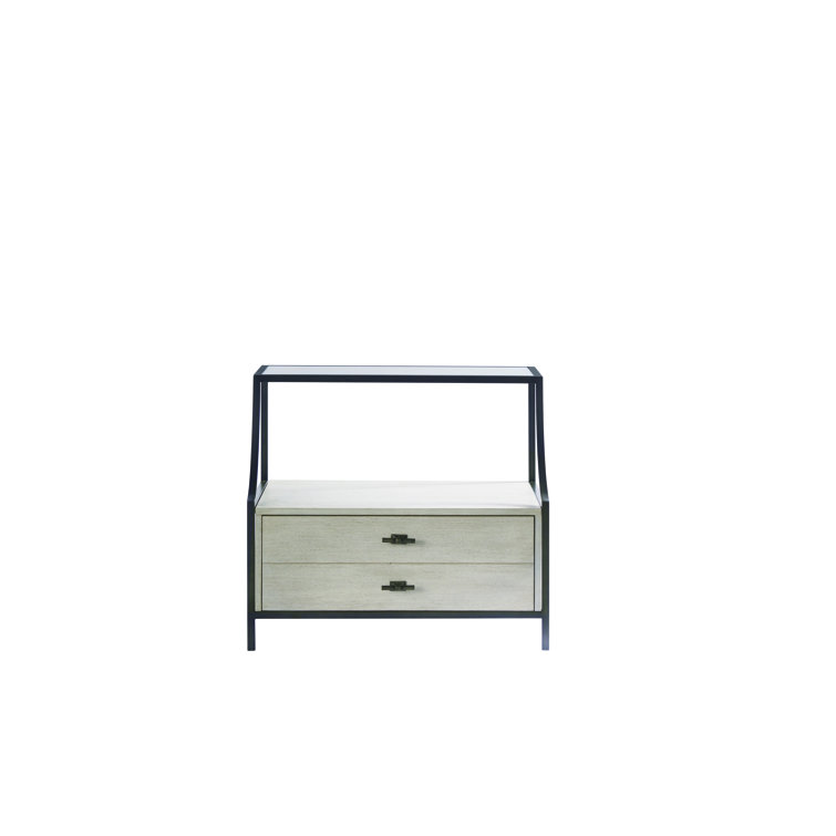 Beige Oak and Metal 1-Drawer Nightstand with Open Shelf