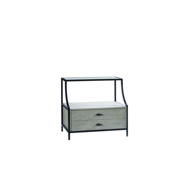 Beige Oak and Metal 1-Drawer Nightstand with Open Shelf