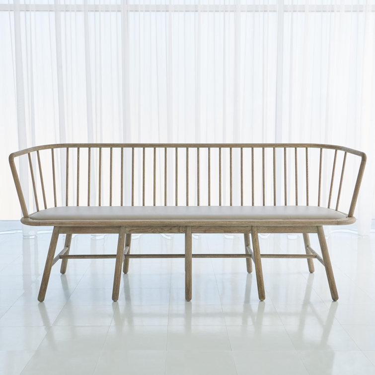 Shaker Style Spindle Long Bench with Grey Leather Cushion