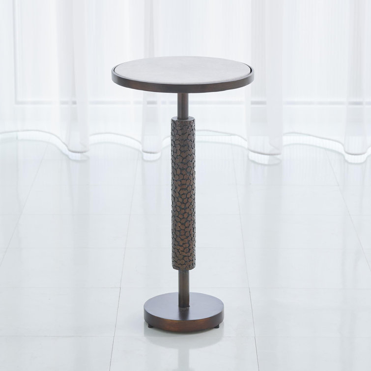 Antique Brass Pebble-Textured Round Martini Table with White Marble Top