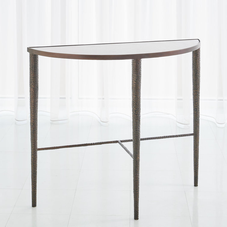 Elegant Demilune Hammered Bronze Console with White Marble Top