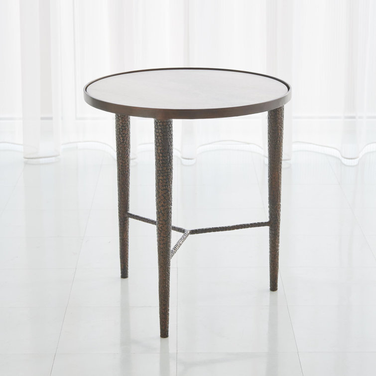 Antique Brass Round Stone Top End Table with Pebble Textured Metal Storage