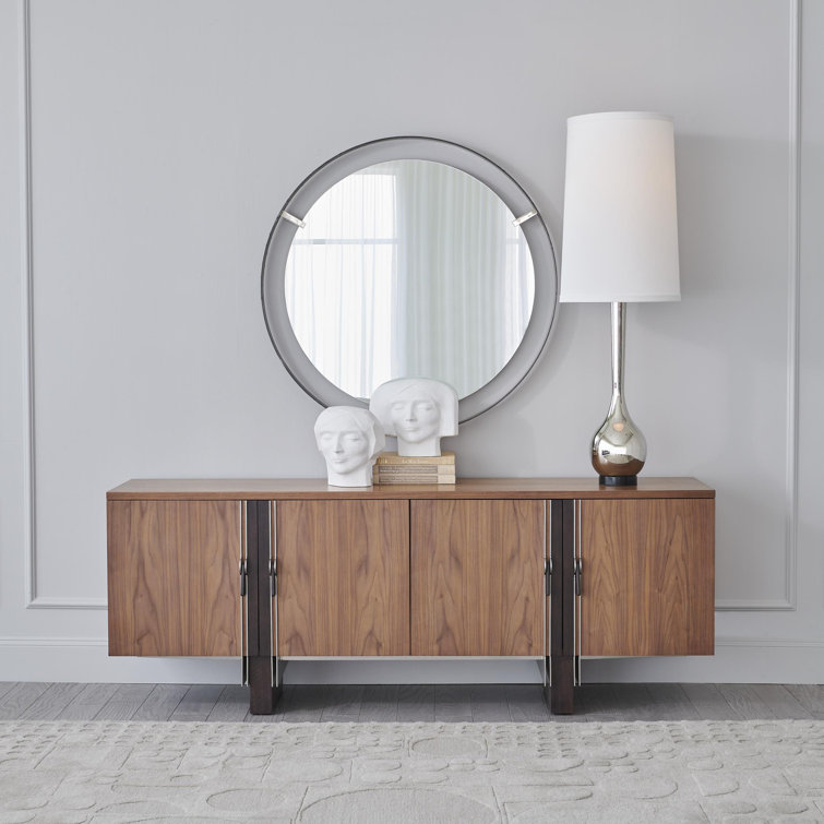 Round Wood & Bronze Finish Floating Mirror with Brass Clips
