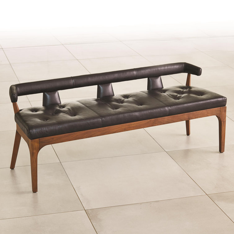 Sleek Moderno Black Marble Leather Bench with Natural Walnut Frame