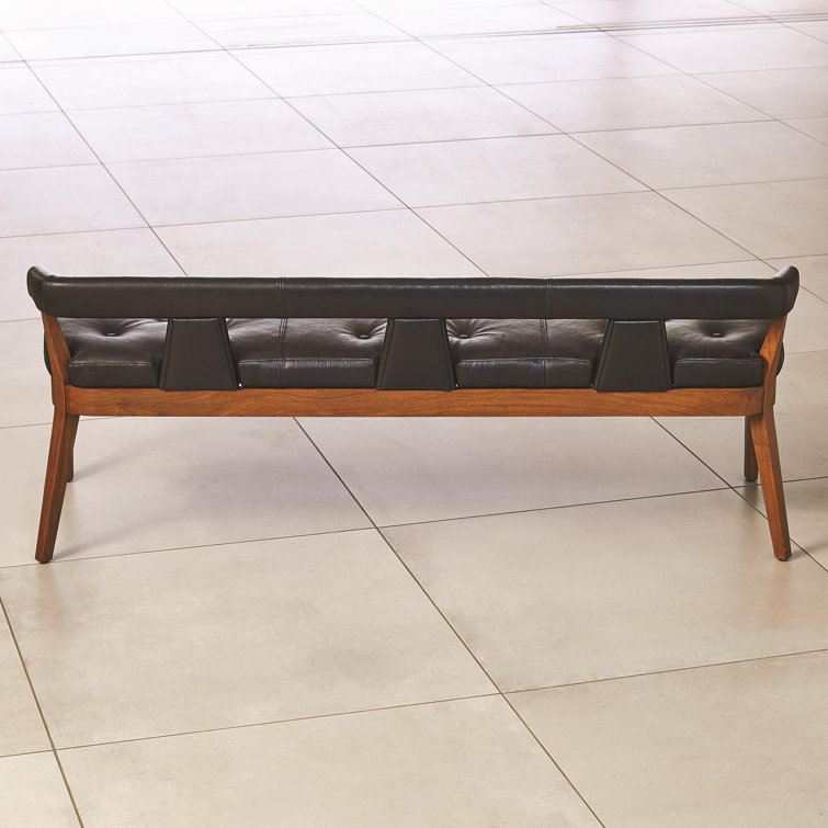 Sleek Moderno Black Marble Leather Bench with Natural Walnut Frame