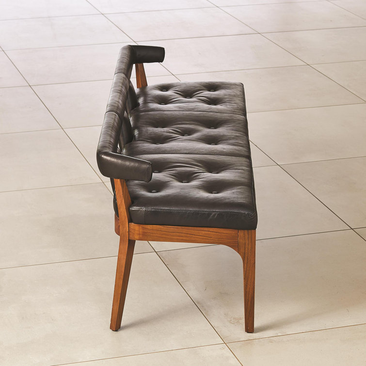 Sleek Moderno Black Marble Leather Bench with Natural Walnut Frame
