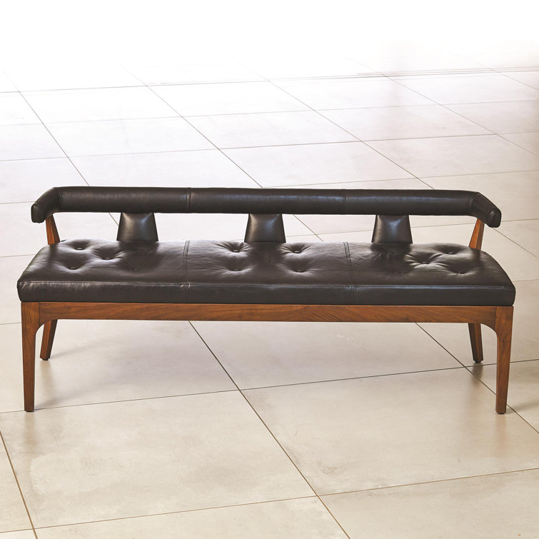 Sleek Moderno Black Marble Leather Bench with Natural Walnut Frame