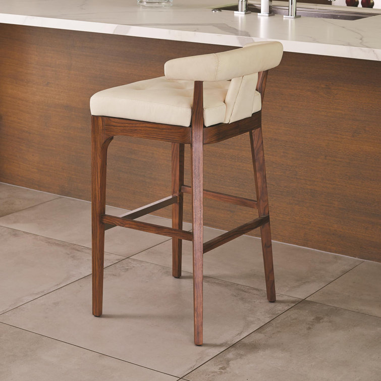 Ivory Leather and Walnut Bar Stool with Stainless Steel