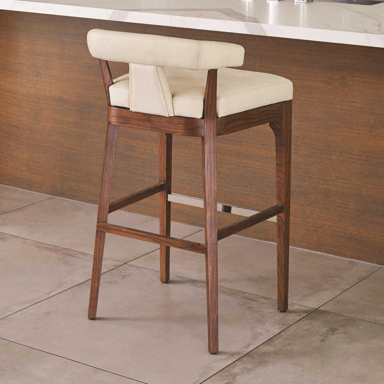 Ivory Leather and Walnut Bar Stool with Stainless Steel