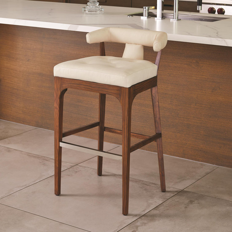 Ivory Leather and Walnut Bar Stool with Stainless Steel