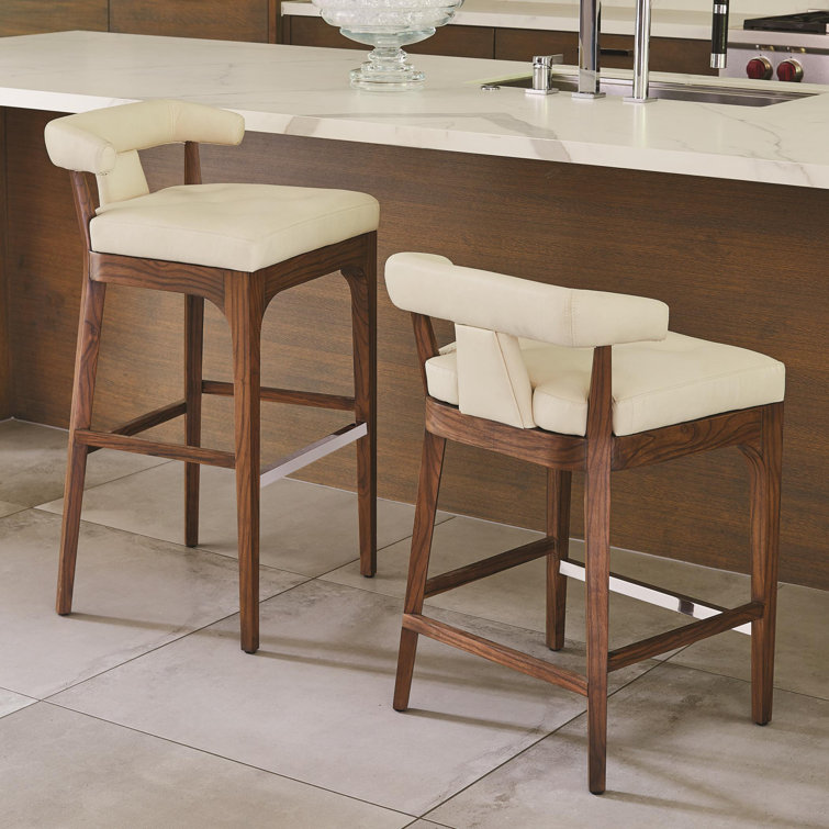 Moderno Sleek Ivory Marble Leather & Walnut Counter Stool