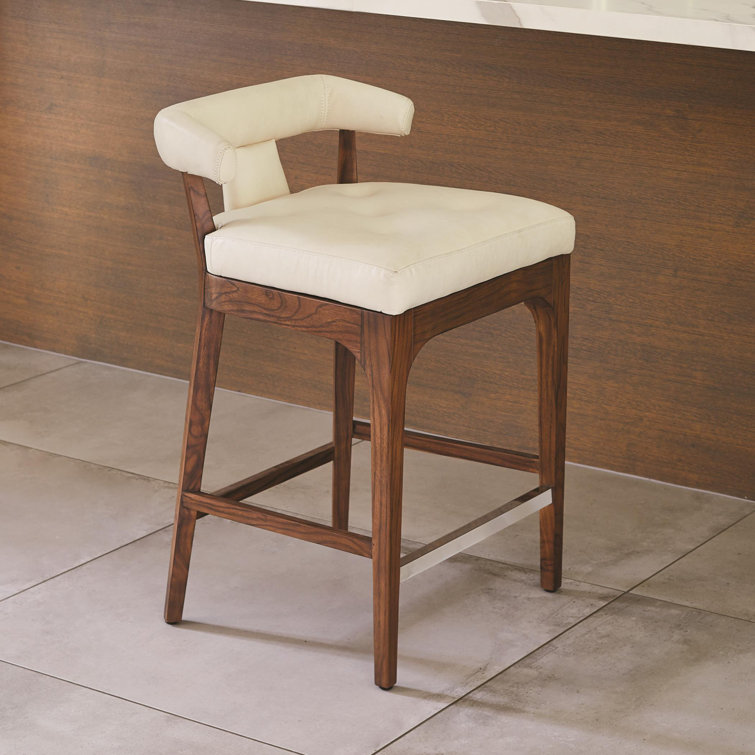 Moderno Sleek Ivory Marble Leather & Walnut Counter Stool