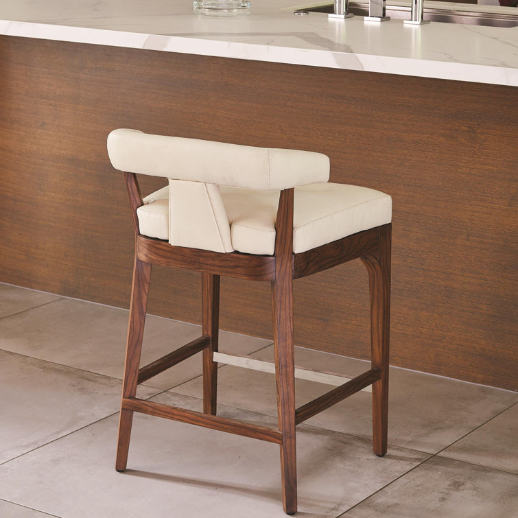 Moderno Sleek Ivory Marble Leather & Walnut Counter Stool
