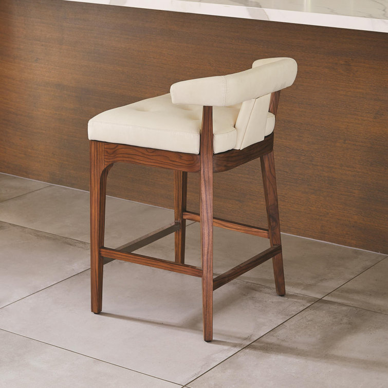 Moderno Sleek Ivory Marble Leather & Walnut Counter Stool