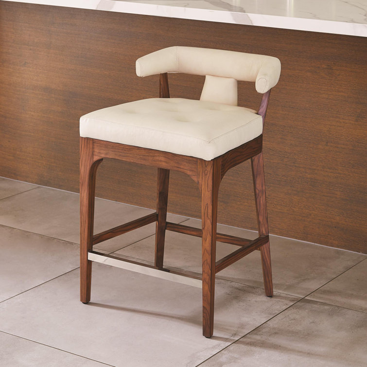 Moderno Sleek Ivory Marble Leather & Walnut Counter Stool