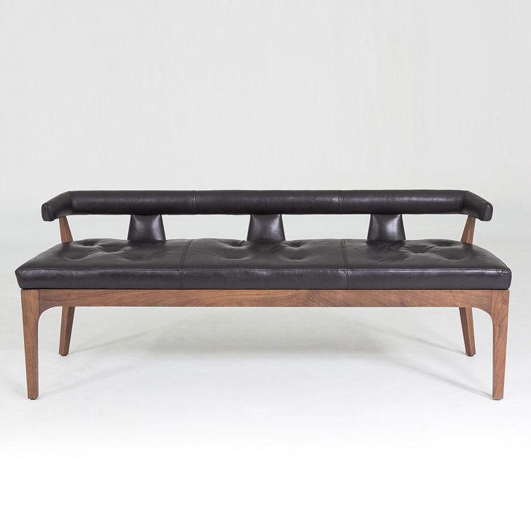 Sleek Moderno Black Marble Leather Bench with Natural Walnut Frame