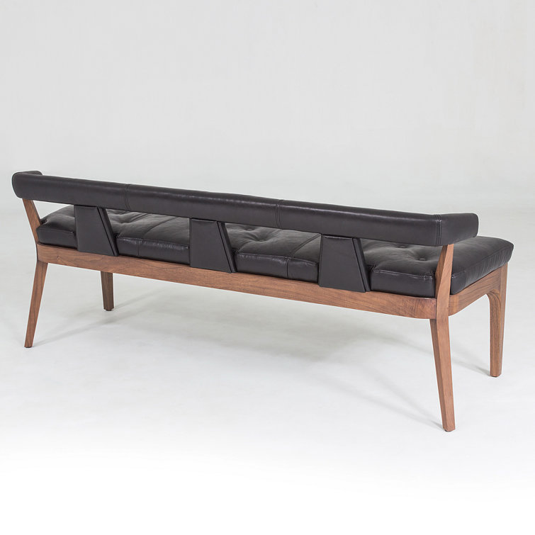 Sleek Moderno Black Marble Leather Bench with Natural Walnut Frame