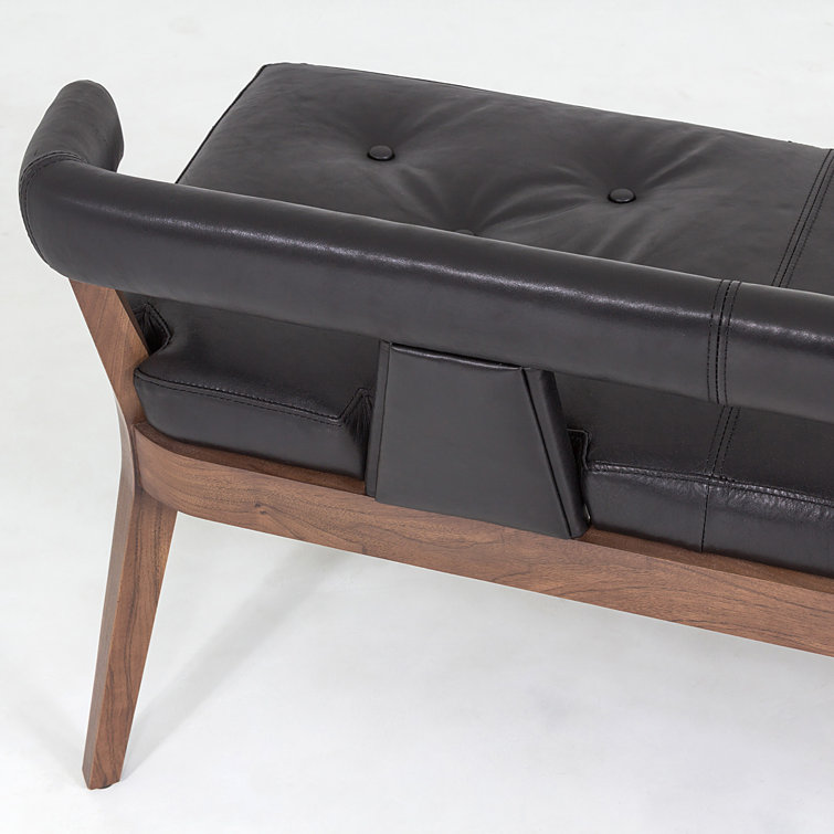 Sleek Moderno Black Marble Leather Bench with Natural Walnut Frame