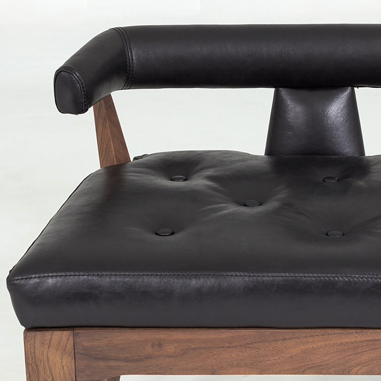 Sleek Moderno Black Marble Leather Bench with Natural Walnut Frame
