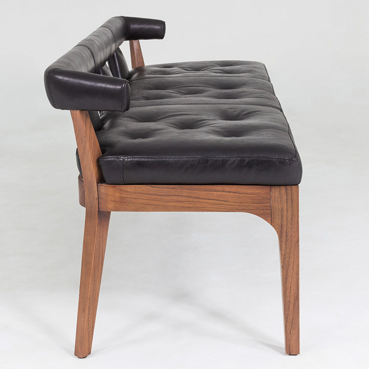 Sleek Moderno Black Marble Leather Bench with Natural Walnut Frame