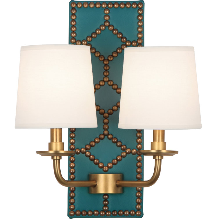 Teal Leather and Aged Brass Two-Light Sconce